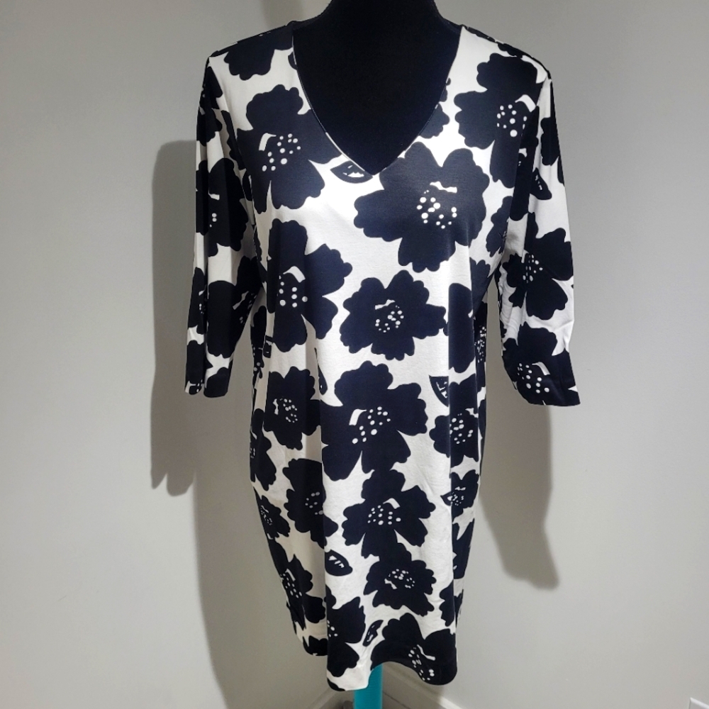 Contemporaine Women's Floral Mercerized Cotton Shift Dress Medium Black White